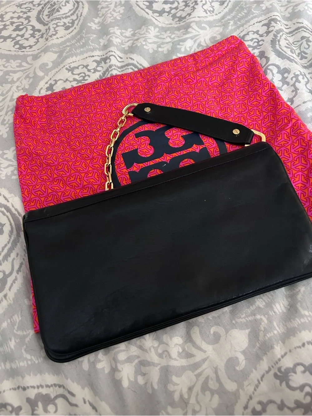 Tory Burch Black Leather Wristlet Clutch with Gold Chain